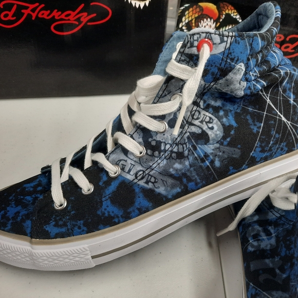 Ed Hardy "Justice" Sneakers Shoes Hi-Top Men's Sz 11 Blue White Art Streetwear - Picture 5 of 8
